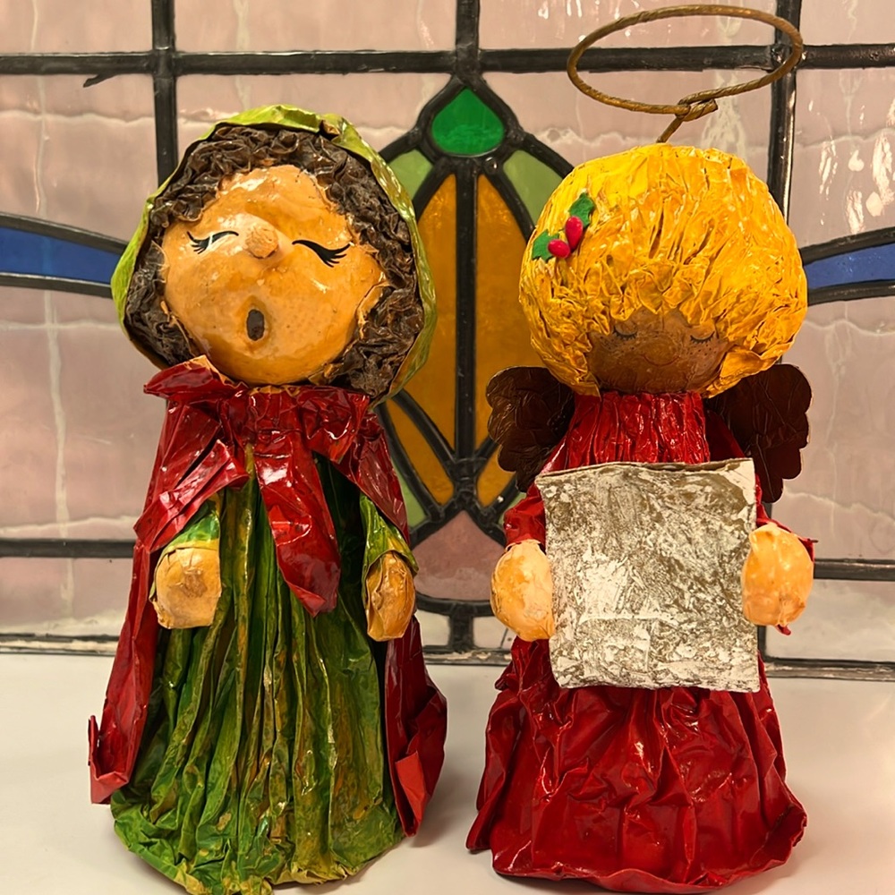 Vintage Davar Paper Mache 9" Caroler Angel Christmas Decoration Set of 2
